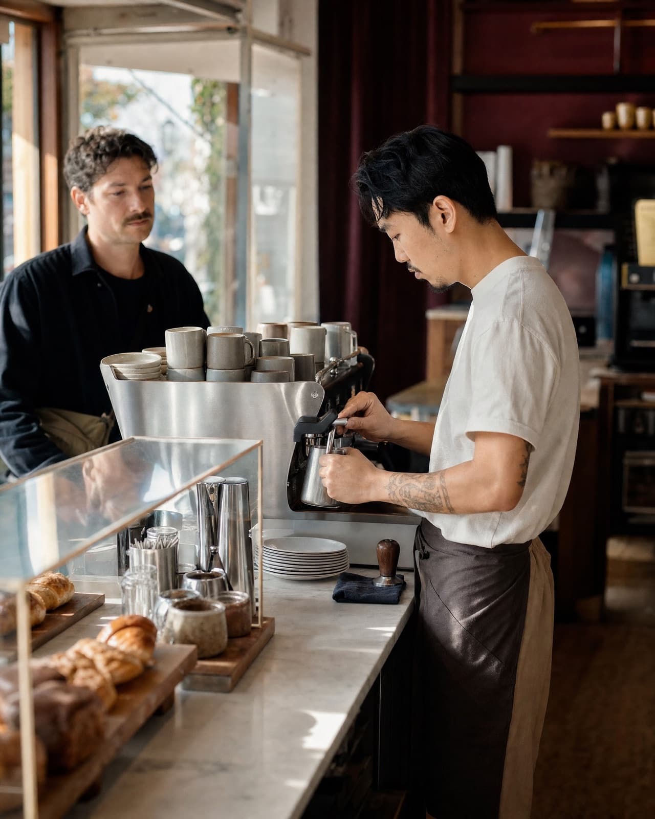 Two baristas at work behind a cafe counter