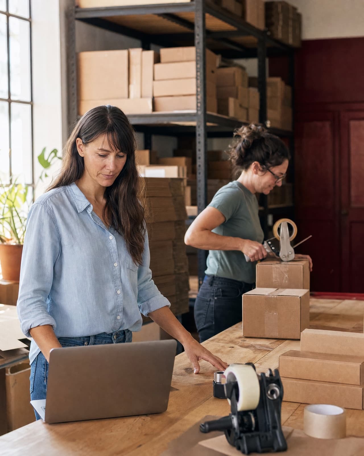 An online seller at her laptop while a colleague packs orders