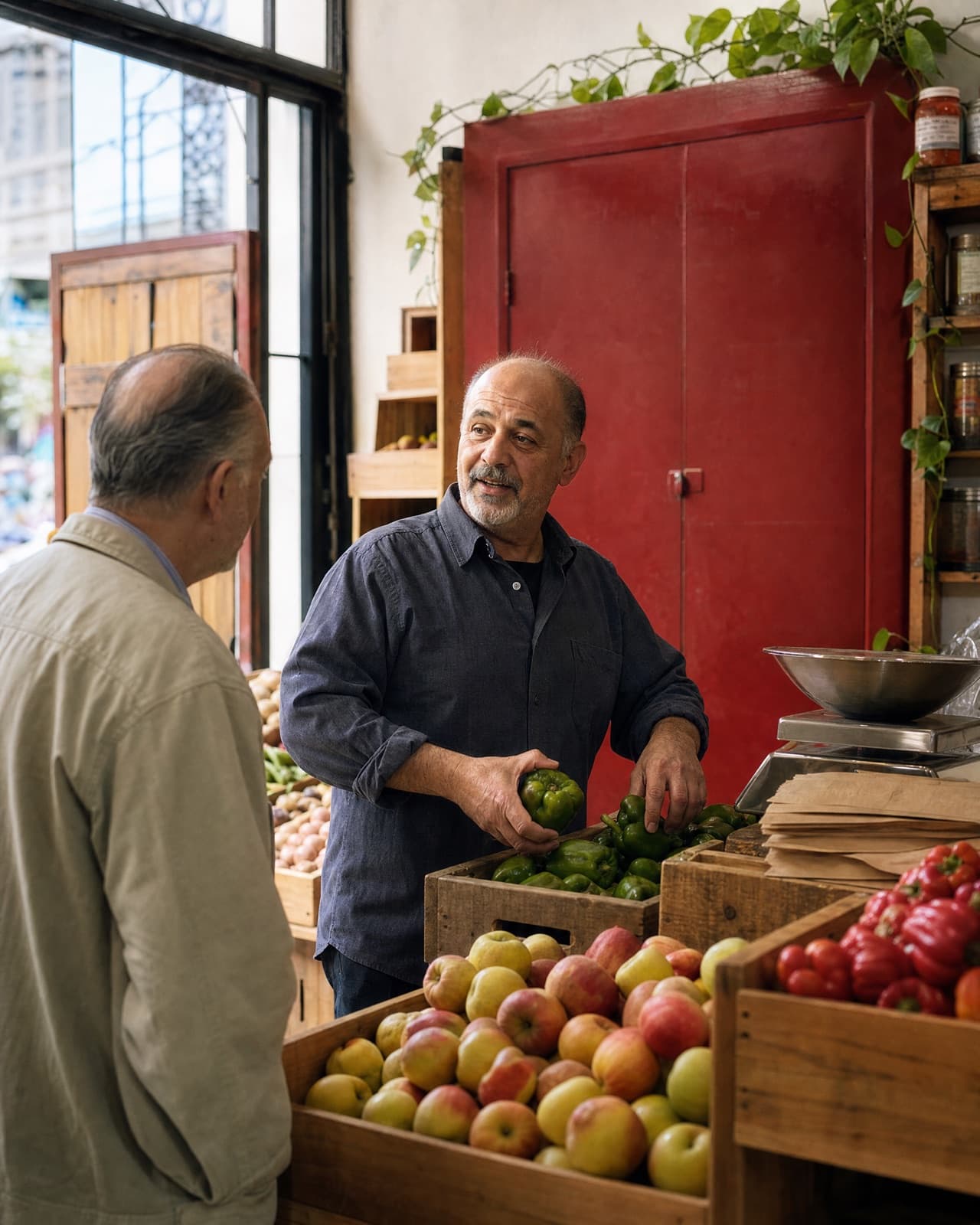 A grocer stocking fresh produce while a customer looks on