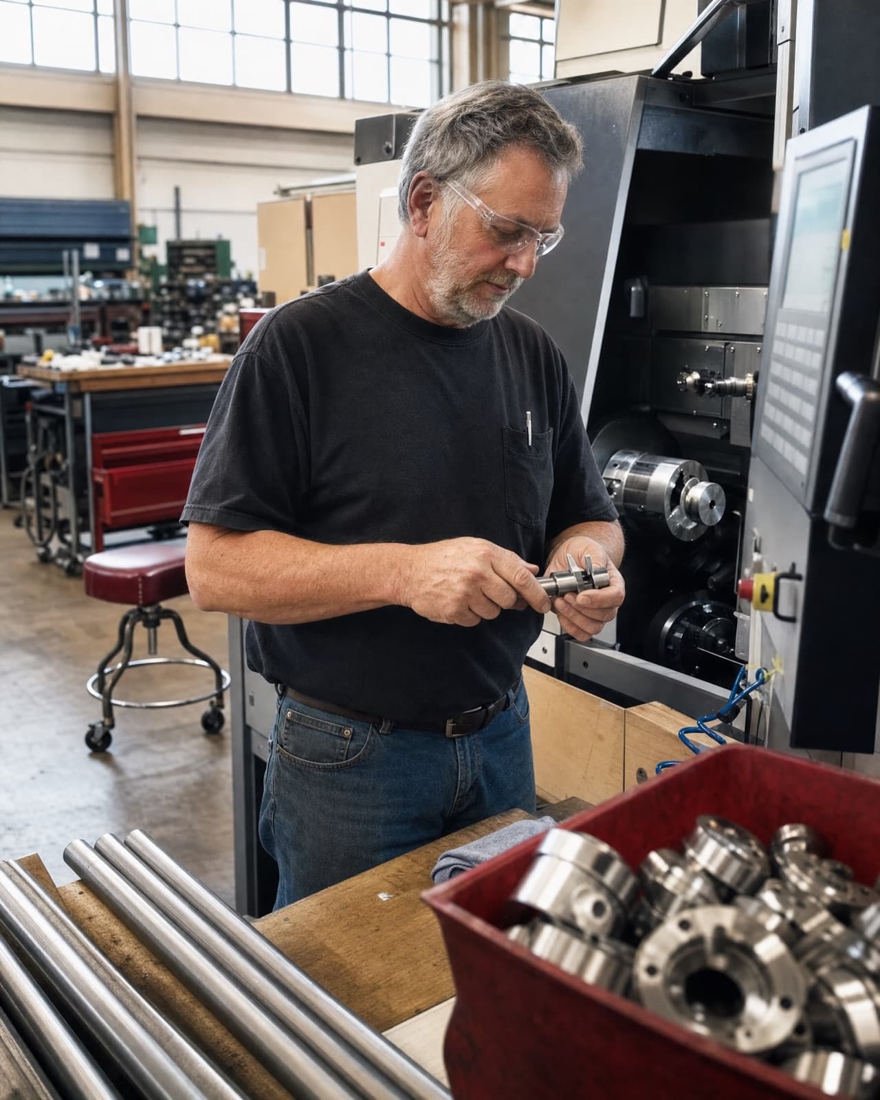 A machinist checking a part on the shop floor
