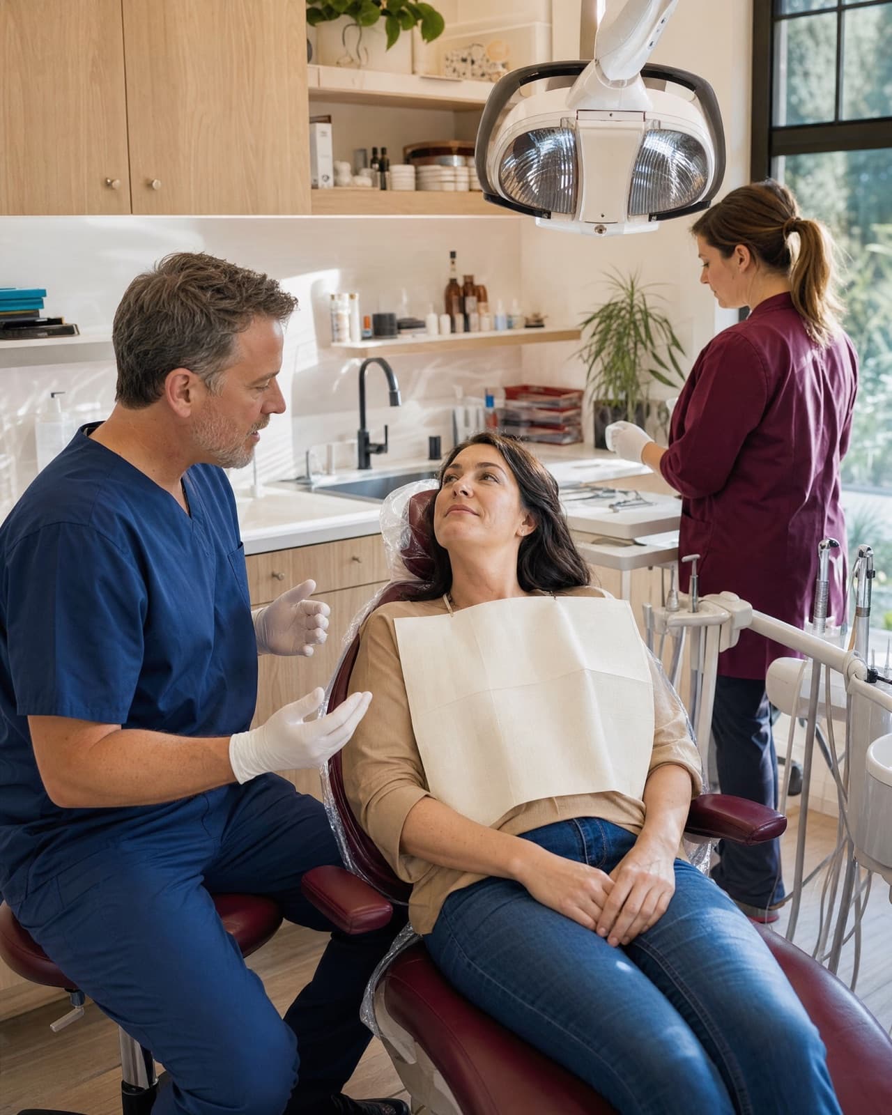 A dentist and his assistant with a patient in the chair