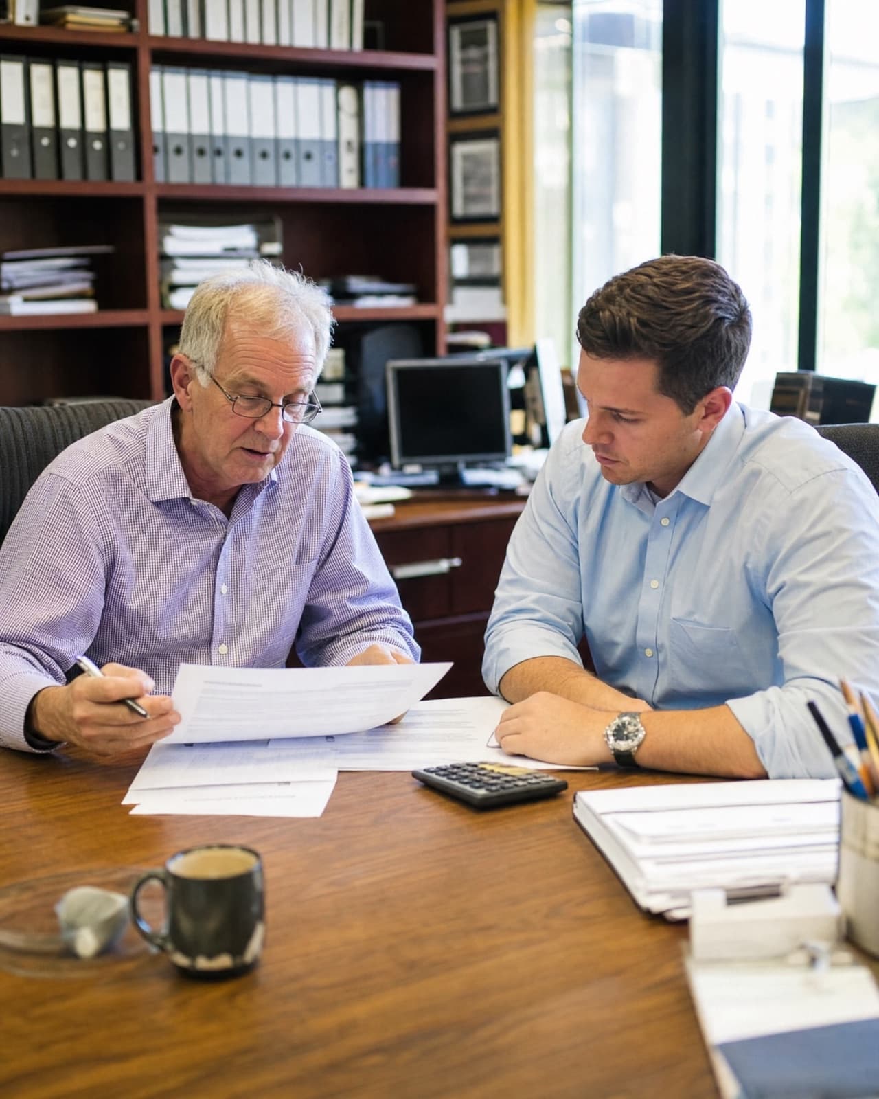 Two advisers going over paperwork at a desk