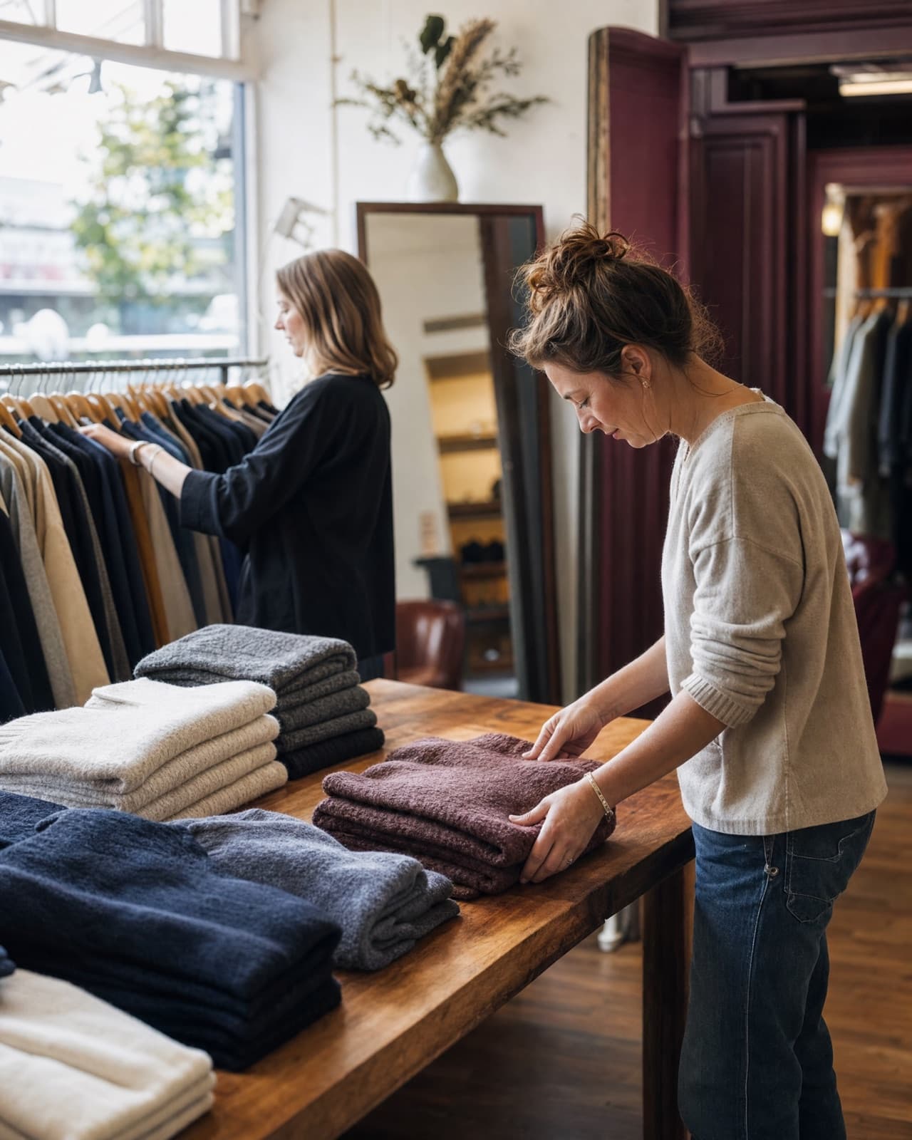 Two shop workers folding sweaters in a clothing store