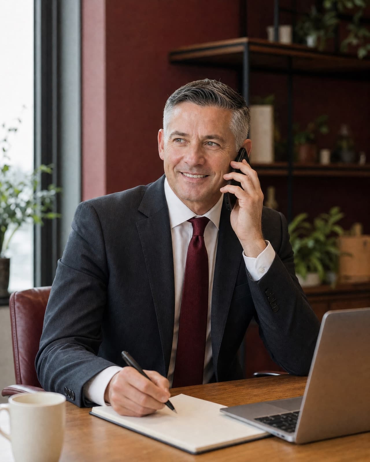 A funding advisor on a phone call at his desk